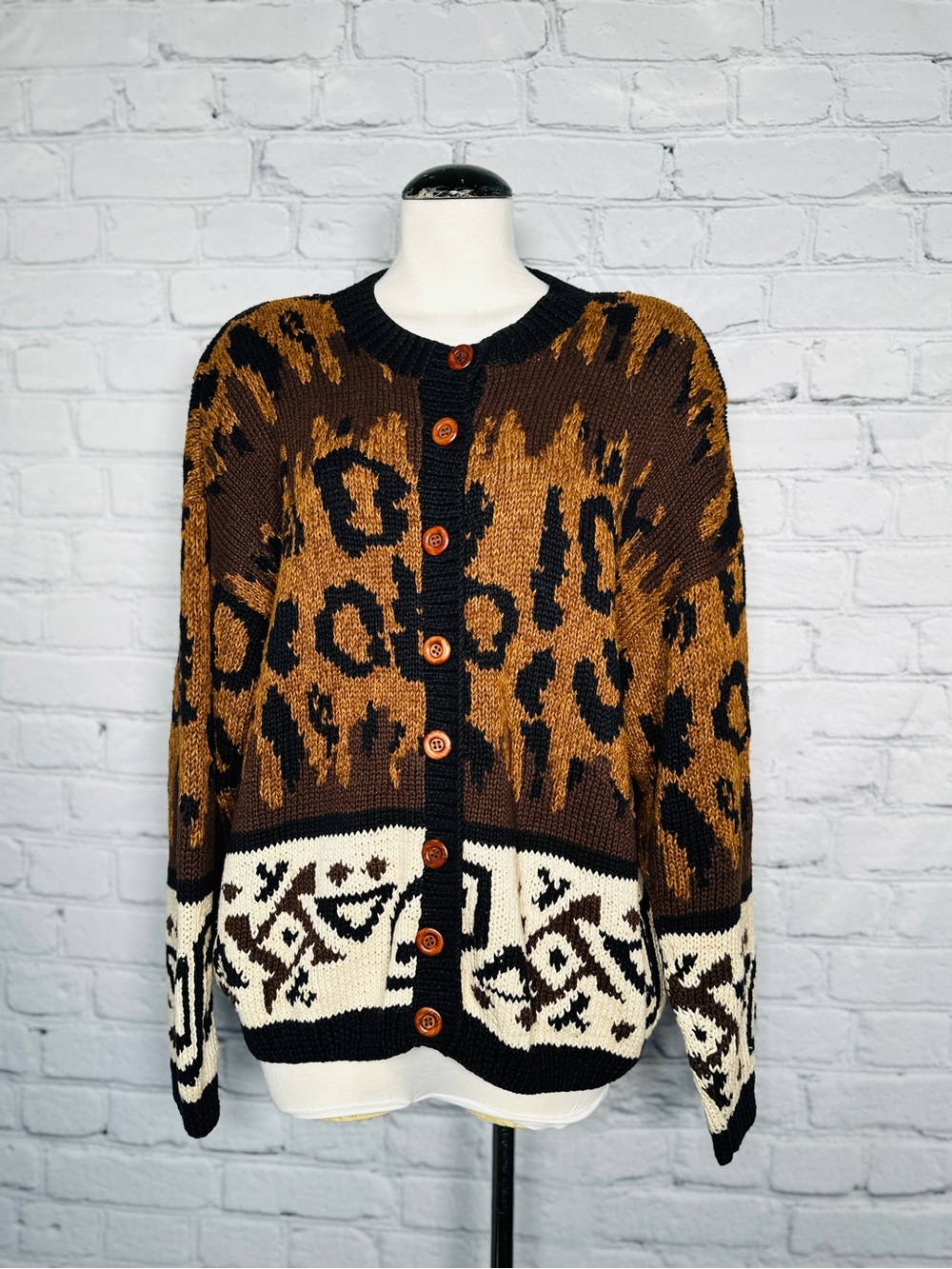 Vintage 90s Hand Knit Express Chunky Cardigan Sweater Animal Print M